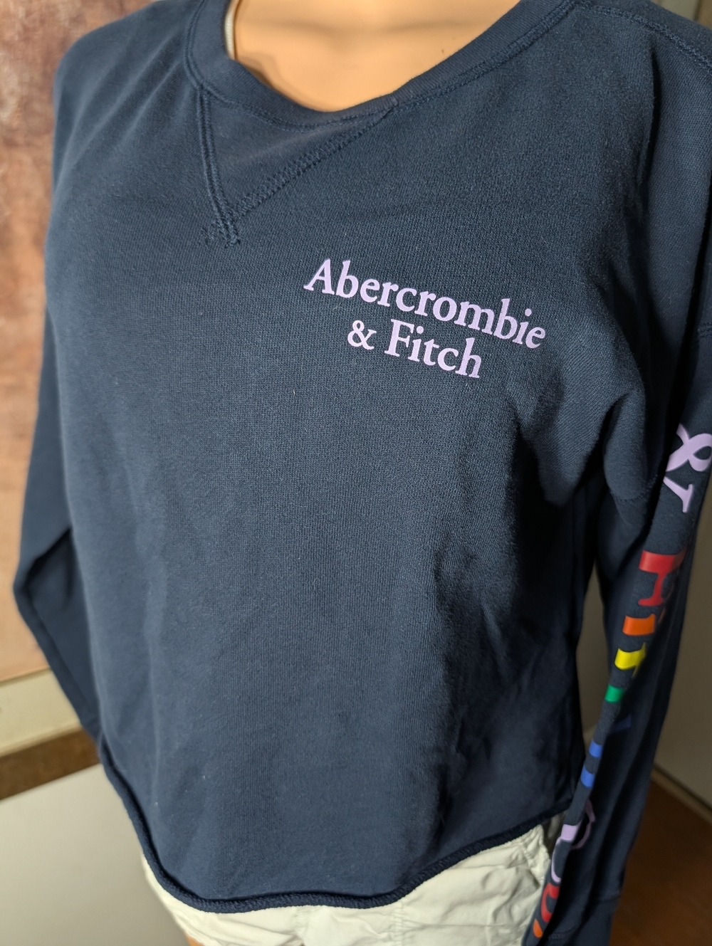 Abercrombie & Fitch Navy Crewneck Crop Sweatshirt with Pastel Rainbow Logo Sz S